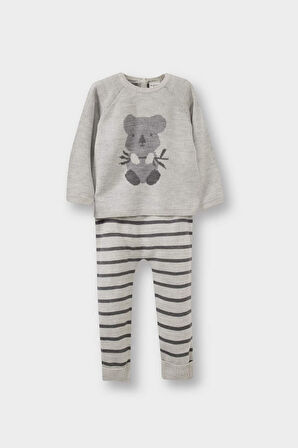 Erkek Bebek 2'li Takım Hayvan Desenli Triko Kazak Çizgili Alt