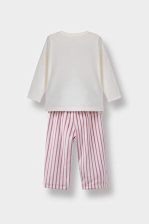 Kız Bebek Pijama Takımı Tavşan Baskılı Uzun Kollu Velur Üst Çizgili  Uzun Alt