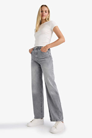90's Wide Leg Yüksek Bel Uzun Jean Yıkamalı Pantolon