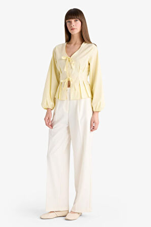 Fitted V Yaka Önden Bağlamalı Poplin Uzun Kollu Bluz