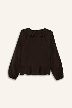 Regular Fit V Yaka Modal Volanlı Uzun Kollu Bluz 