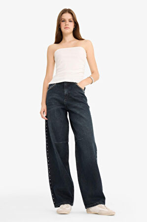 Baggy Fit Yüksek Bel Uzun Jean Yıkamalı Pantolon
