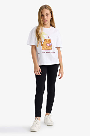 Kız Çocuk Oversize Geniş Kalıp Bisiklet Yaka Baskılı Kısa Kollu Tişört