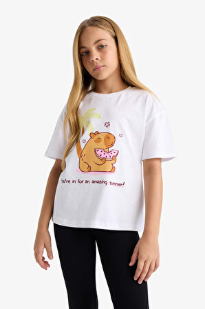 Kız Çocuk Oversize Geniş Kalıp Bisiklet Yaka Baskılı Kısa Kollu Tişört