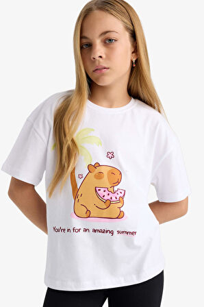 Kız Çocuk Oversize Geniş Kalıp Bisiklet Yaka Baskılı Kısa Kollu Tişört