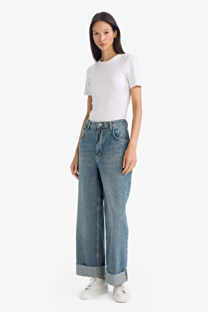 Baggy Fit Yüksek Bel Katlamalı Paça Jean Pantolon