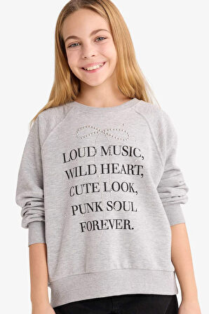 Kız Çocuk Relax Fit Bisiklet Yaka Baskılı Sweatshirt 