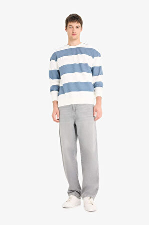 Boxy Fit Bisiklet Yaka Çizgili Sweatshirt