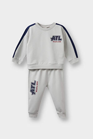 Erkek Bebek 2'li Takım Okul Baskılı Sweatshirt Eşofman Altı