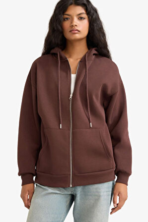 Oversize Geniş Kalıp Kapüşonlu Fermuarlı Sweatshirt