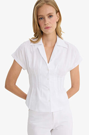 Fitted Ceket Yaka Poplin Kısa Kollu Gömlek