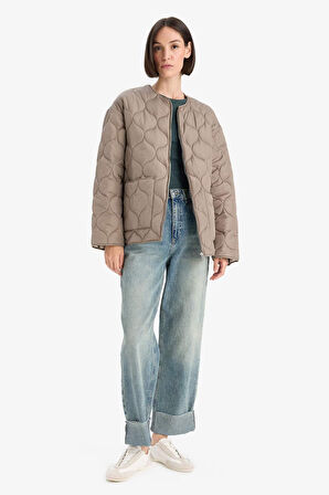 Su Geçirmez Regular Fit Bisiklet Yaka Fermuarlı Kapitoneli Mont