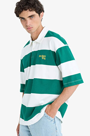 DeFacto %100 Pamuk Boxy Fit Polo Yaka Çizgili Kısa Kollu Tişört F5919AX25SMGN651