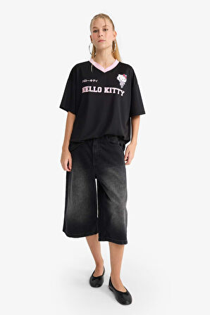 Coool Hello Kitty Oversize Geniş Kalıp V Yaka Sırt Baskılı Kısa Kollu Tişört