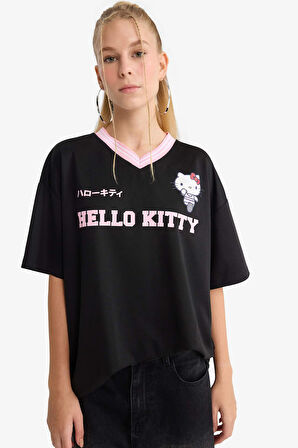 Coool Hello Kitty Oversize Geniş Kalıp V Yaka Sırt Baskılı Kısa Kollu Tişört