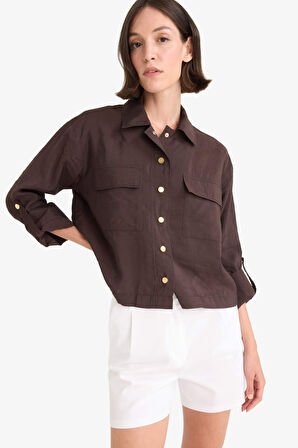 Regular Fit Gömlek Yaka Keten Karışımlı Beli Lastikli İnce Ceket