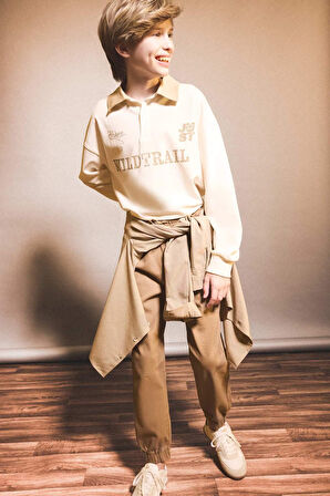 Erkek Çocuk Oversize Geniş Kalıp Polo Yaka Baskılı Uzun Kollu Tişört