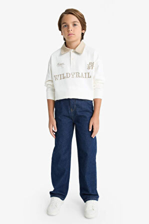 Erkek Çocuk Oversize Geniş Kalıp Polo Yaka Baskılı Uzun Kollu Tişört