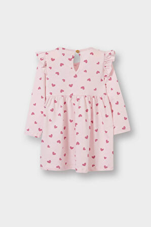 Kız Bebek Kalp Baskılı Uzun Kollu Elbise