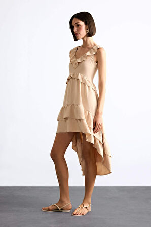 V Yaka Volanlı Asimetrik Kolsuz Midi Elbise