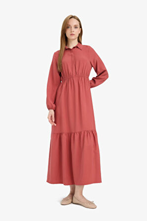 	Gömlek Yaka Basic Düz Düğmeli Beli Büzgülü Uzun Kollu Maxi  Elbise