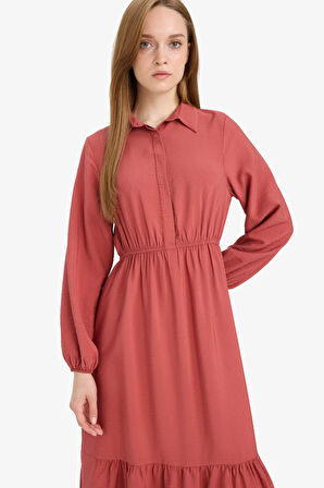 	Gömlek Yaka Basic Düz Düğmeli Beli Büzgülü Uzun Kollu Maxi  Elbise