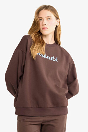 Oversize Geniş Kalıp Bisiklet Yaka Baskılı Sweatshirt