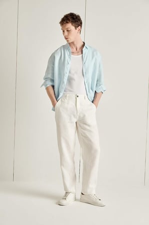 %100 Keten Regular Fit Polo Yaka Yazlık Basic Düz Uzun Kollu Beyaz Gömlek	 C1825AX26SMBE96