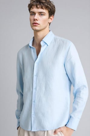 %100 Keten Regular Fit Polo Yaka Yazlık Basic Düz Uzun Kollu Beyaz Gömlek	 C1825AX26SMBE96