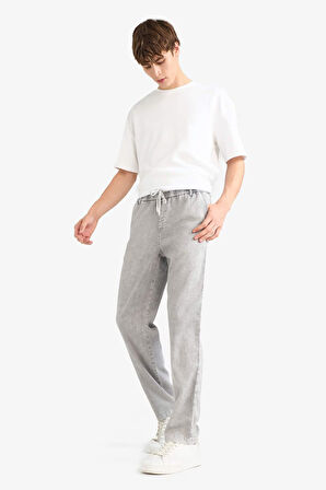 Wide Leg Geniş Paça Beli Bağcıklı Jean Kar Yıkamalı Pantolon