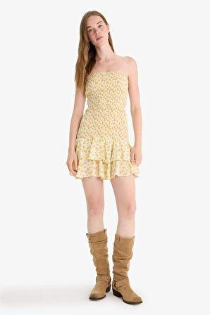 Straplez Floral Kolsuz Mini Elbise