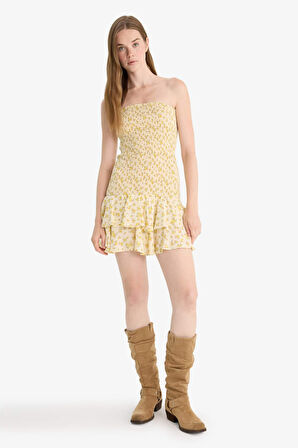 Straplez Floral Kolsuz Mini Elbise