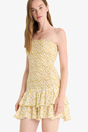 Straplez Floral Kolsuz Mini Elbise