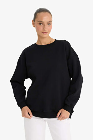 Oversize Geniş Kalıp Bisiklet Yaka Basic Düz Kalın Sweatshirt