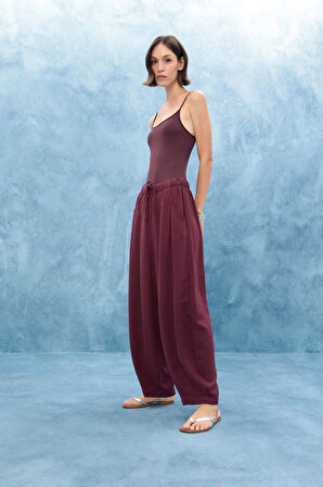 Balloon Fit Çift Cepli Normal Bel Standart Boy Keten Karışımlı Pantolon