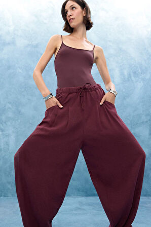 Balloon Fit Çift Cepli Normal Bel Standart Boy Keten Karışımlı Pantolon