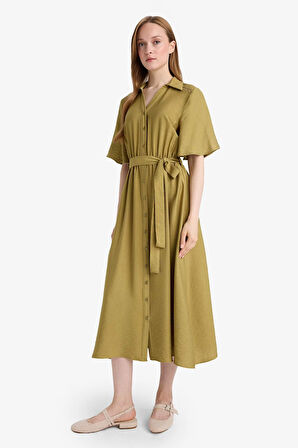 A Kesim Gömlek Yaka Kısa Kollu Midi Elbise