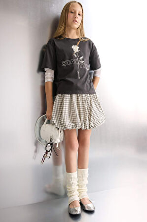 Kız Çocuk Oversize Geniş Kalıp Bisiklet Yaka Baskılı Uzun Kollu Tişört