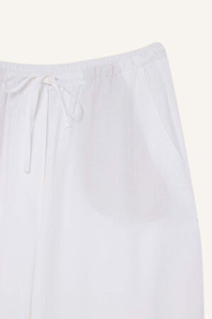 Wide Leg Çift Cepli Yüksek Bel Geniş Paça Beyaz Pantolon