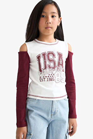 Kız Çocuk Okula Dönüş Slim Fit Dar Kesim Bisiklet Yaka Slogan Baskılı Ribana Uzun Kollu Tişört