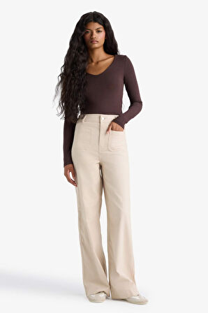 Straight Fit Yamalı Cep Normal Bel Düz Paça Uzun Boy Gabardin Pantolon