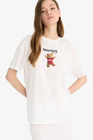 Coool I Love NY Oversize Geniş Kalıp Bisiklet Yaka Sırt Baskılı Kısa Kollu Tişört