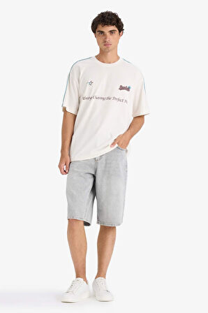 Boxy Fit Bisiklet Yaka Baskılı Kısa Kollu Tişört