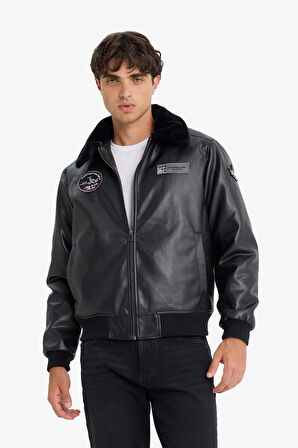 Regular Fit Peluş Yaka Triko Detaylı İç Cepli Mont