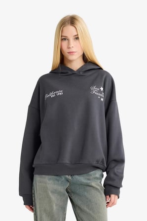 DeFacto Overshirt Fit Kapüşonlu Baskılı Kalın Sweatshirt G0180AX25WNAR104