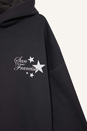 Coool Overshirt Fit Kapüşonlu Baskılı Kalın Kumaş Sweatshirt