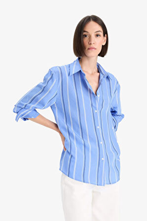 Regular Fit Modal Çizgili Uzun Kollu Gömlek 