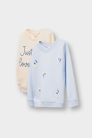 Kız Bebek Bisiklet Yaka Baskılı İçi Yumuşak Tüylü 2'li Sweatshirt 