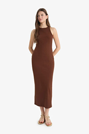 Bodycon Vücudu Saran Halter Yaka Fitilli Kaşkorse Kolsuz Maxi Elbise