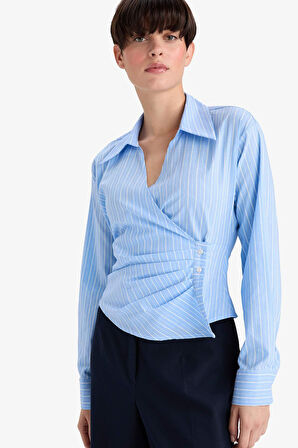 Regular Fit V Yaka Çizgili Bengalin Uzun Kollu Gömlek